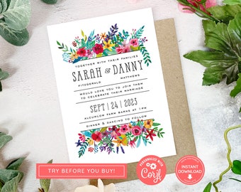Colourful Flowers Editable Wedding Invitation Set, Instant download, Wedding Invite Template, Colorful floral, Bright Flowers invite, BC