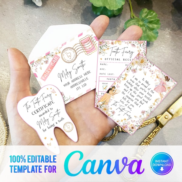 Canva, Printable Mini Tooth Fairy Set Pink Floral with envelope, receipt and fairy letter, Instant Download, fully editable templates