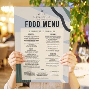 May include: A restaurant food menu with the text "YOUR OWN LOGO BAR & GRILL FOOD MENU" in a modern design. The menu includes sections for starters, mains, sides, and desserts. The background has abstract shapes in blue, gray, and green.