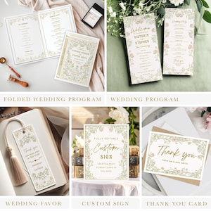 May include: Assortment of wedding stationery, including programs, a bookmark, and thank you cards. The designs feature floral borders and elegant fonts. The programs are folded and flat, with the names "Victoria" and "Stephen" visible.
