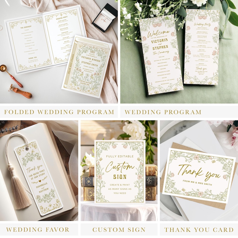 May include: Assortment of wedding stationery, including programs, a bookmark, and thank you cards. The designs feature floral borders and elegant fonts. The programs are folded and flat, with the names "Victoria" and "Stephen" visible.