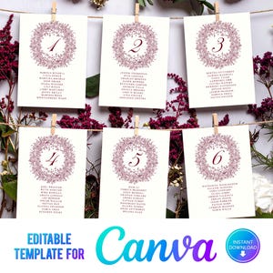 May include: Six white table cards with burgundy floral wreath designs and guest names, clipped to a string with wooden clothespins. The cards are decorated with the numbers 1 through 6. The words "Editable Template for Canva" are at the bottom.