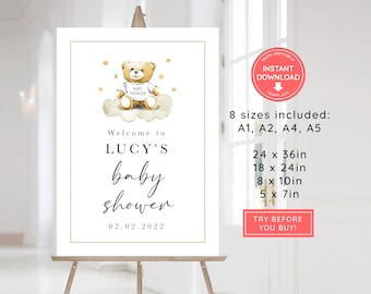 Editable Gender Neutral Bear Baby Shower Welcome Sign, Printable Baby Shower Sign, Brown Bear, Boho Baby, We Can Bearly Wait, BB
