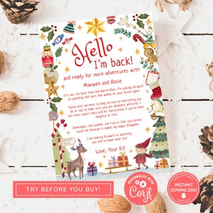 Carta editable de Elf Hola, estoy de vuelta, Hola de tu elfo, Saludos de elfos navideños, Bienvenida, Plantilla imprimible de adopción, Descarga instantánea