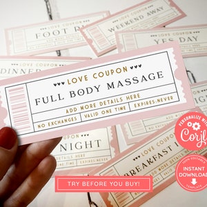 Editable Printable Love Coupons, Small Valentines Vouchers, Pink Love ...