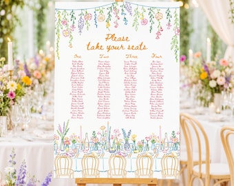 Colourful Flowers Table Plan, Garden Party, Bright Floral, Hand-Drawn Wedding Table, Summer Floral, Whimsical, Seating Chart, GP