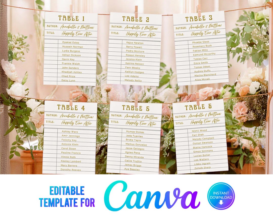 Canva Library Card Wedding Seating Chart Card, Hanging Table Plan, Book ...