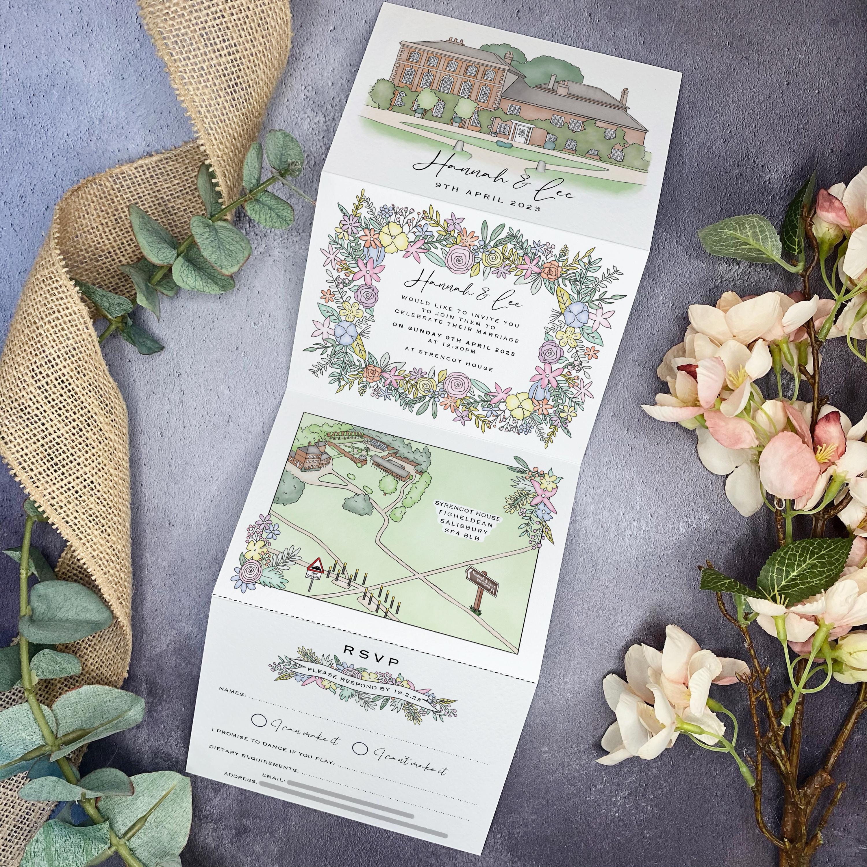 Bespoke Wedding Invite Concertina, Hand Drawn Couple Portrait, Venue ...