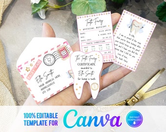 Canva, Printable Mini Tooth Fairy Set Pink with envelope, receipt and fairy letter, Instant Download and fully editable tooth fairy set