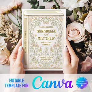 Copertina del libro Canva per invito di nozze, E vissero tutti felici e contenti, Storia d'amore, Libro di nozze, Modello modificabile, Invito al libro di nozze, Art Nouveau
