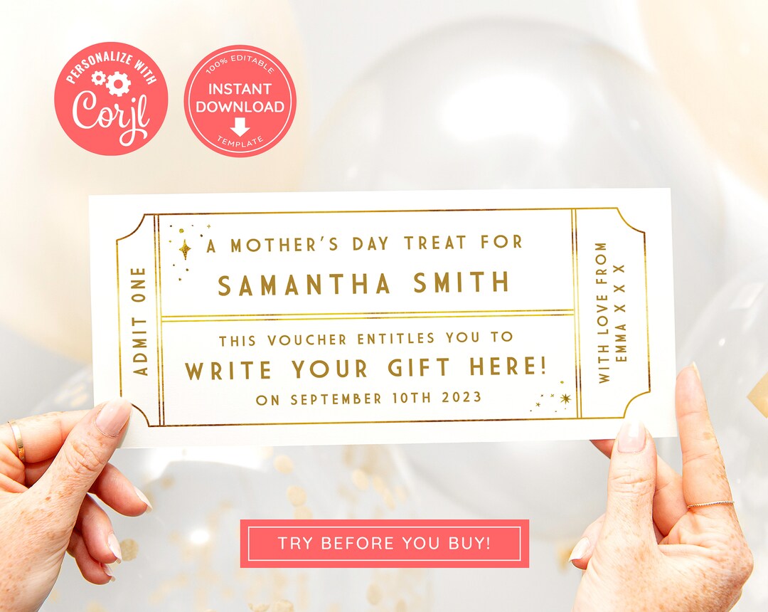 Editable Mother's Day Voucher, Event Golden Ticket, Print at Home