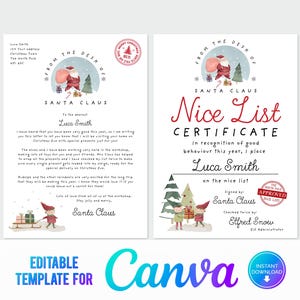 Canva, Carta a Papá Noel y Certificado de Lista de Buenos Amigos, Carta Personalizada de Papá Noel, Plantilla Imprimible Carta a Papá Noel, Descarga Instantánea Editable