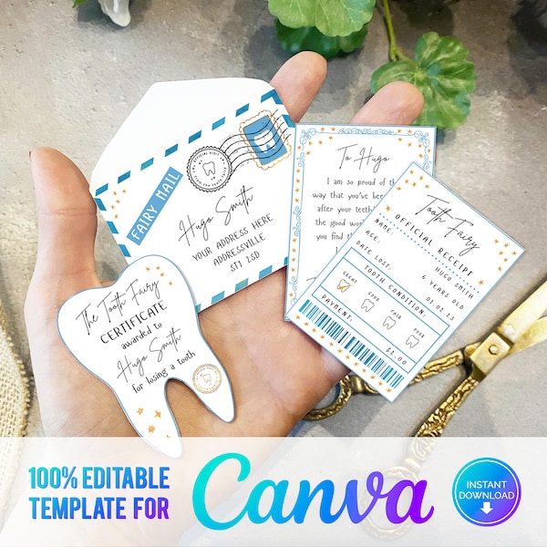 Canva, Printable Mini Tooth Fairy Set Blue with envelope, receipt and fairy letter, Instant Download and fully editable tooth fairy set