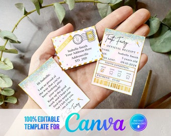 Canva, Printable Mini Tooth Fairy Set Glitter with envelope, receipt and fairy letter, Instant Download and fully editable tooth fairy set