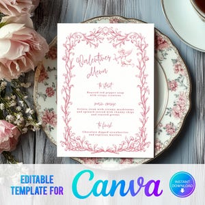 Menú editable para el día de San Valentín en Canva, menú para imprimir en casa, menú digital, plantilla de menú de cena, regalo para el día de San Valentín, dibujado a mano, querubín