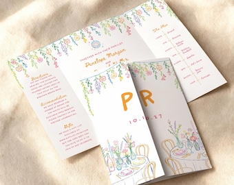 Colourful Flowers Gatefold Invitation, Garden Party Invite, Bright Floral, Hand-Drawn Wedding, Summer Floral, Whimsical, Disco Ball, GSP