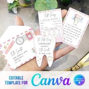 Canva, mini kit imprimable fée des dents rose avec enveloppe, reçu et lettre de fée, téléchargement immédiat et kit fée des dents entièrement modifiable