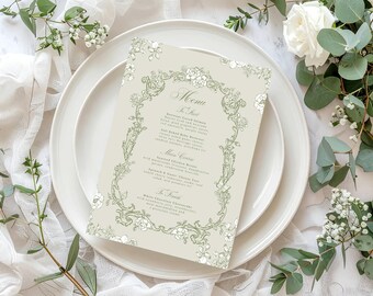 Canva Sage Green and White Wedding Menu, Floral Wedding Men, Elegant Wedding, Template, Sage Green, White Flowers, Food Menu 5x7 inch, TS
