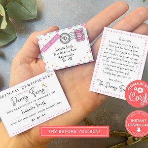 Mini set de muñecos de hadas para imprimir en color rosa con sobre, certificado y carta para las hadas. Descarga instantánea y set de muñecos de hadas totalmente editables.