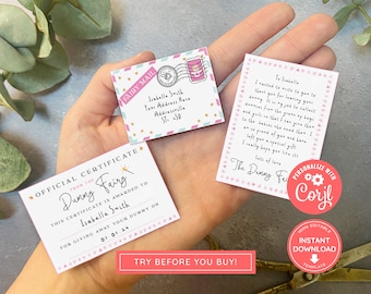 Mini set de muñecos de hadas para imprimir en color rosa con sobre, certificado y carta para las hadas. Descarga instantánea y set de muñecos de hadas totalmente editables.
