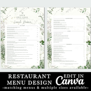 Diseño de menú de restaurante, menú verde, follaje, menú de restaurante floral, plantilla editable, plantilla Canva, menú de cafetería, menú de cócteles de bar