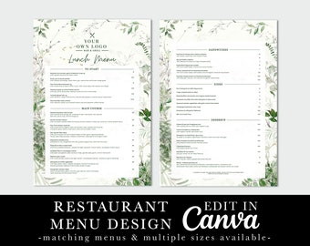 Restaurant Menu Design, Greenery Menu, Foliage, Floral Restaurant Menu, Editable Template, Canva Template, Cafe Menu, Bar Cocktail Menu