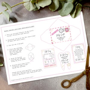 May include: Printable instructions for a tooth fairy letter set. The set includes a pink envelope with a tooth fairy stamp, a tooth fairy certificate, and a tooth fairy letter. The instructions include how to cut, fold, and assemble the letter set.