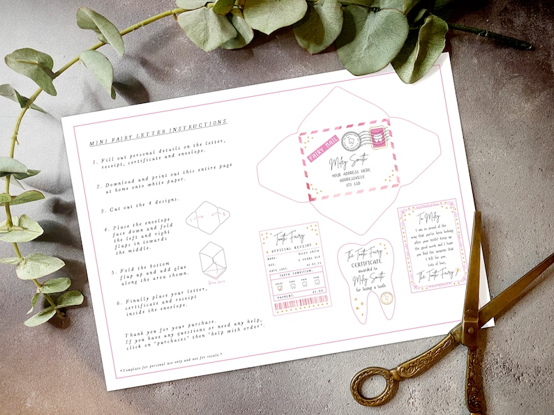 May include: Printable instructions for a tooth fairy letter set. The set includes a pink envelope with a tooth fairy stamp, a tooth fairy certificate, and a tooth fairy letter. The instructions include how to cut, fold, and assemble the letter set.