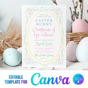 May include: A printable certificate of egg-cellence from the Easter Bunny. The certificate is decorated with pastel flowers and a bunny rabbit. The text reads "From the burrow of the Easter Bunny, Certificate of egg-cellence, Proudly presented to Maxwell Smith, For your egg-cellent hippity hoppity good egg behaviour, The Easter Bunny, Signed by".