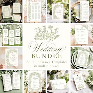 Canva groen bruiloft uitnodigingsbundel, bloemen bruiloft, bosbloemen, elegante sjabloon, saliegroen, handgetekend, bruiloft bundel set CG