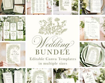 Paquete de invitaciones de boda con vegetación de Canva, boda floral, flores de bosque, plantilla elegante, verde salvia, dibujado a mano, paquete de boda CG