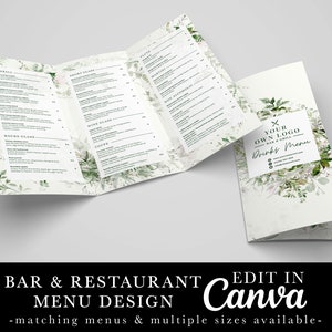 Diseño de menú de restaurante, menú verde, follaje, menú de restaurante floral, plantilla editable, plantilla Canva, menú de cafetería, menú de cócteles de bar