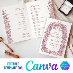 May include: Wedding stationery set featuring a floral design in burgundy. Includes a wedding program, invitation, and a ring box. Also shown are a wax seal and a pair of gold wedding bands. The text on the invitation reads "Welcome to the Wedding of Victoria Warner and Stephen Smith."