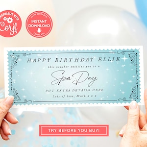 Editable Spa Voucher Ticket, Print at home Birthday Voucher, Digital Gift Voucher, Surprise Ticket, Spa Break, Blue Voucher, Spa Day