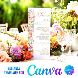 Menú de boda con flores de colores de Canva, menú floral de boda, flores brillantes, plantilla, pastel, boda de verano, menú de comida DL, 4x9, SF
