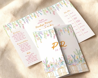 Colourful Flowers Gatefold Invitation, Garden Party Invite, Bright Floral, Hand-Drawn Wedding, Summer Floral, Whimsical, GP