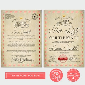 Download instantâneo carta editável do Pai Natal e certificado de lista agradável, carta personalizada do Pai Natal, modelo para impressão