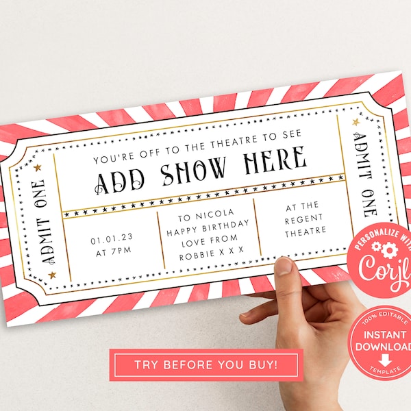 Editable Theatre Ticket, Print at home Birthday Voucher, Digital Gift Voucher, Surprise Ticket, Movie ticket, Show Tickets Printable