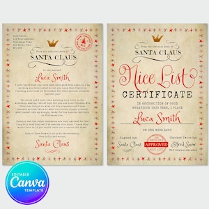 Download instantâneo de carta editável do Papai Noel e certificado de lista de simpáticos, carta personalizada vintage do Papai Noel, modelo de Papai Noel para impressão no Canva