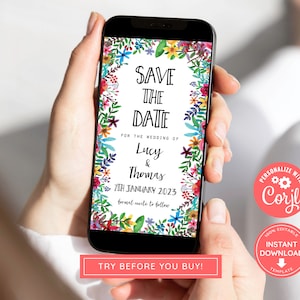 May include: A digital save the date card with a floral border. The text reads "Save the Date" for the wedding of Lucy & Thomas on 7th January 2023. The card is displayed on a smartphone screen.