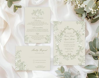 Canva Sage Green Wedding Invitation, Floral Wedding Invite, Green and White, Elegant Wedding Invite Template, Vintage Style, TS
