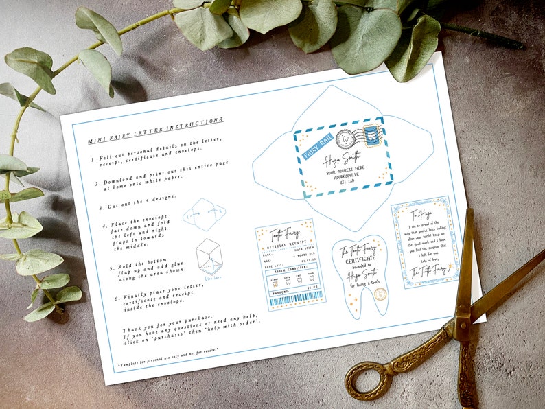 May include: Printable instructions for a tooth fairy letter set. The set includes a letter, certificate, receipt, and envelope. The envelope is blue with a white border and has a stamp with a tooth fairy on it. The certificate is a tooth shape with a gold star and the text "The Tooth Fairy Certificate awarded to Hugo Smith".