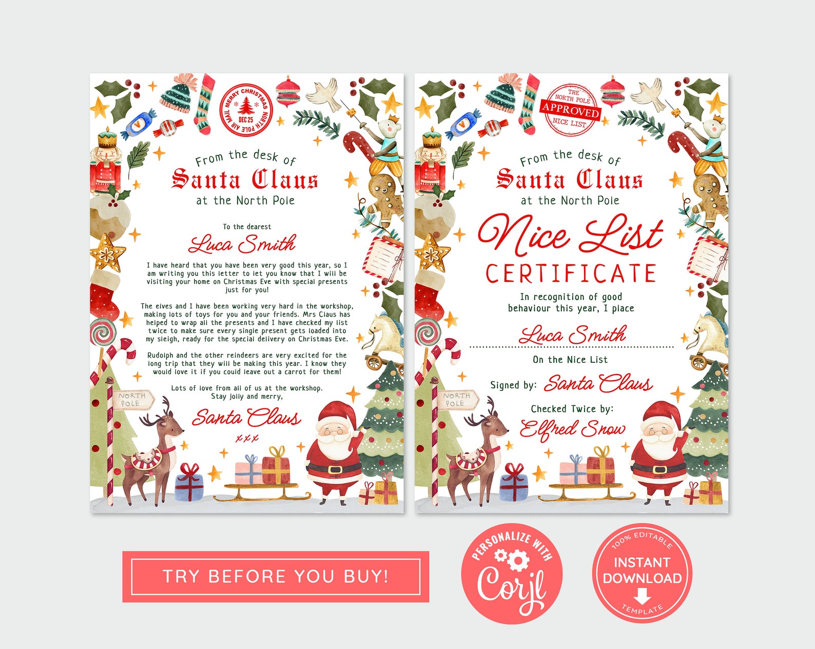 Instant Download Editable Santa Letter and Nice List Certificate ...
