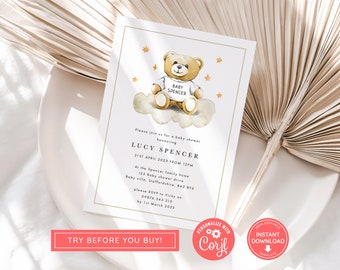 Editable Gender Neutral Bear Baby Shower Invitation, Neutral Bear, We Can Bearly Wait Baby Shower Invite, Brown Boho Bear, Print at Home BB
