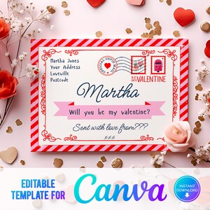 Bearbeitbare Valentinstagspostkarte, Valentinstagsdruck zu Hause, Geschenk für sie, Geschenk für ihn, Telegramm, bearbeitbare Valentinstagskarte, Kinder