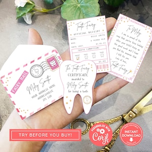 Mini juego de hada de los dientes imprimible rosa con sobre, recibo y carta de hada, descarga instantánea y juego de hada de los dientes totalmente editable