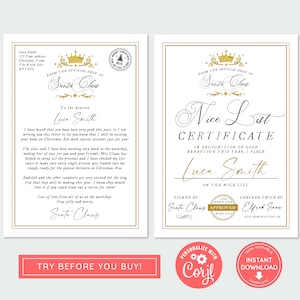 Descarga instantánea de carta de Papá Noel editable y certificado de lista agradable, carta personalizada de Papá Noel, plantilla imprimible Carta de Papá Noel, oro
