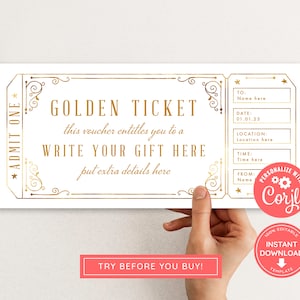 Bearbeitbares Ereignis Goldenes Ticket, Drucken Sie zu Hause Geburtstagsgutschein, Digitaler Geschenkgutschein, Überraschungsticket, Goldgutschein, Geschenk, druckbarer Gutschein