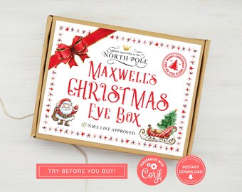 Etiqueta editable de caja de Nochebuena, caja de noche antes de Navidad, letrero de caja de Nochebuena, etiqueta imprimible, descarga instantánea, caja de Navidad