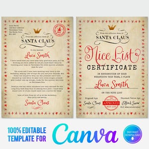 Descarga instantánea de carta de Santa editable y certificado de lista agradable, carta personalizada de Santa, plantilla imprimible Carta de Santa